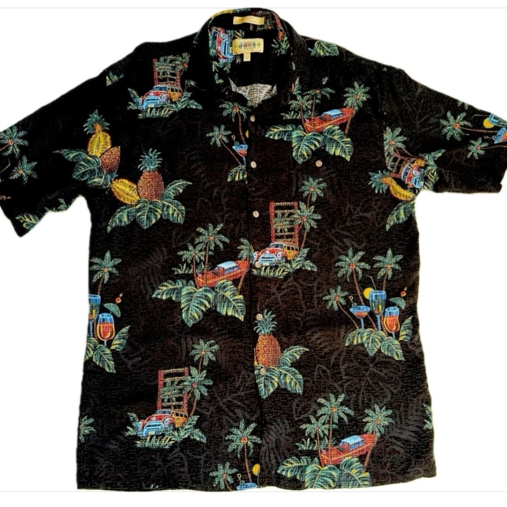 Campia Moda Men's Rayon Hawaiian Palm Trees Button Collared Black Shirt Lrg EUC